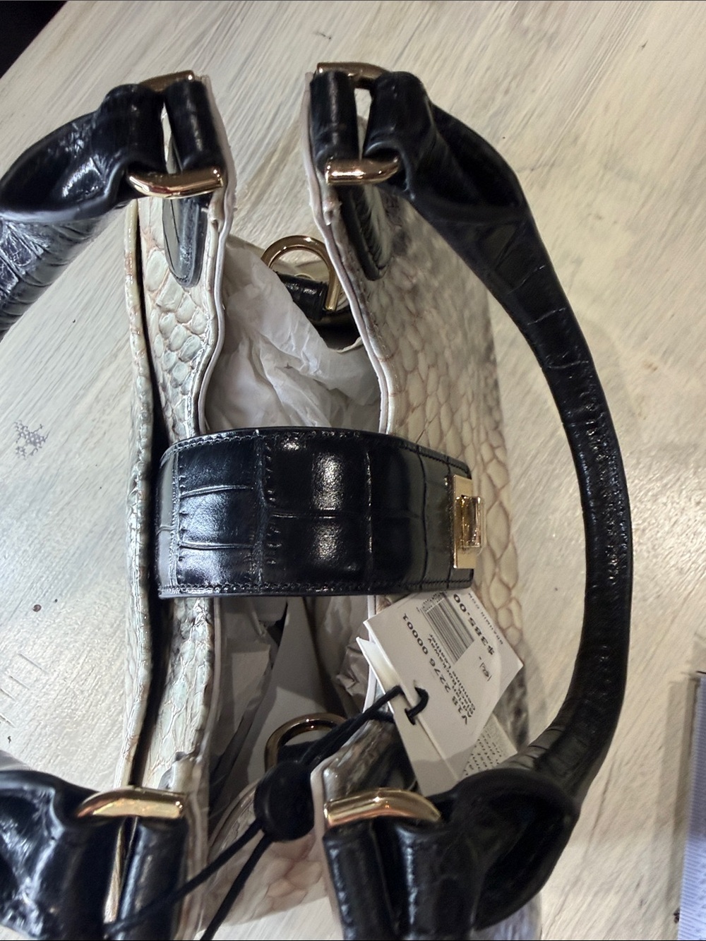 Brahmin Adrian Black Rockway Ivory and Black Embossed Python-Print Satchel - Picture 7 of 14